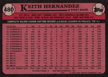 1989 Topps #480 Keith Hernandez Back