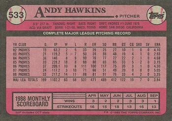 1989 Topps #533 Andy Hawkins Back