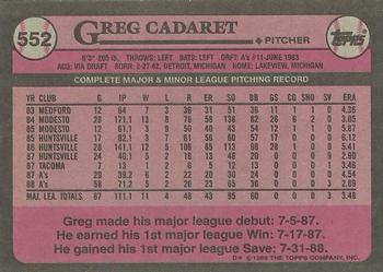 1989 Topps #552 Greg Cadaret Back