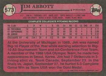 1989 Topps #573 Jim Abbott Back