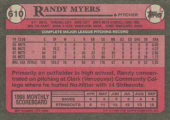 1989 Topps #610 Randy Myers Back