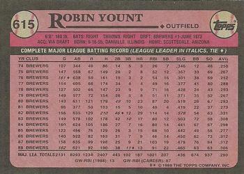 1989 Topps #615 Robin Yount Back