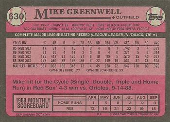 1989 Topps #630 Mike Greenwell Back