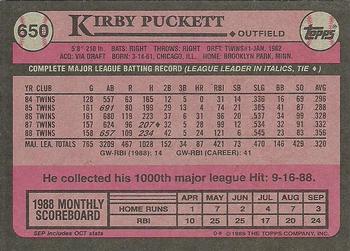 1989 Topps #650 Kirby Puckett Back
