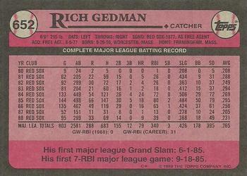 1989 Topps #652 Rich Gedman Back