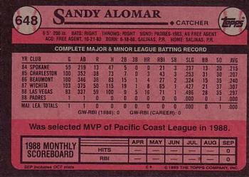 1989 Topps #648 Sandy Alomar Back