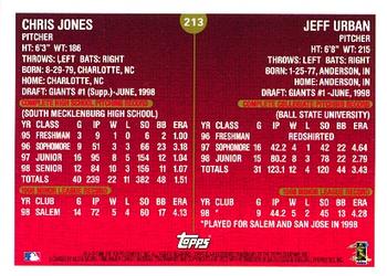 1999 Topps #213 Chris Jones / Jeff Urban Back