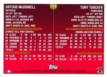 1999 Topps #214 Arturo McDowell / Tony Torcato Back