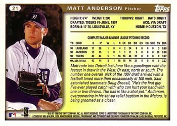 1999 Topps #21 Matt Anderson Back