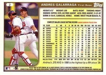 1999 Topps #2 Andres Galarraga Back