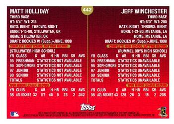 1999 Topps #442 Matt Holliday / Jeff Winchester Back