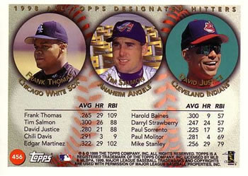 1999 Topps #456 All-Topps Designated Hitters (Frank Thomas / Tim Salmon / David Justice) Back