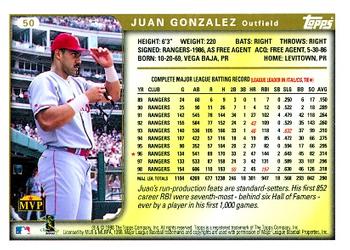 1999 Topps #50 Juan Gonzalez Back