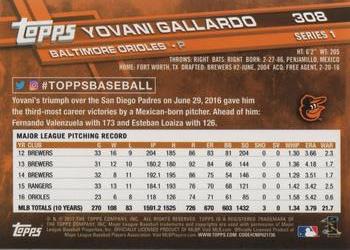 2017 Topps #308 Yovani Gallardo Back
