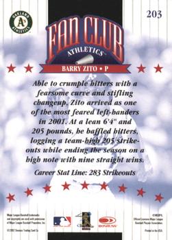 2002 Donruss - Career Stat Line Fan Club Autographs #203 Barry Zito Back