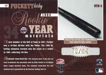 2002 Donruss - Rookie Year Materials Bats Era #RYB-3 Kirby Puckett Back
