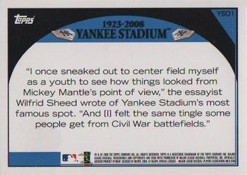 2009 Topps Yankee Stadium Opening Day #YSO1 Yankee Stadium Back