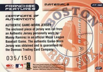 2002 Donruss Best of Fan Club - Franchise Features Materials #FF-36 Manny Ramirez Back