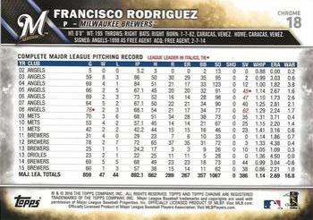 2016 Topps - Chrome Sapphire 65th Anniversary Edition #18 Francisco Rodriguez Back