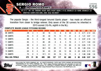 2016 Topps - Chrome Sapphire 65th Anniversary Edition #596 Sergio Romo Back