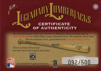 2002 Donruss Classics - Legendary Lumberjacks #LL-29 Ryne Sandberg Back