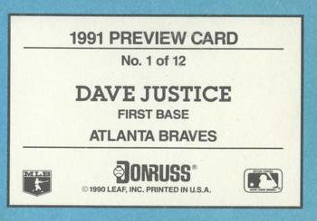 1991 Donruss - Previews #1 Dave Justice Back
