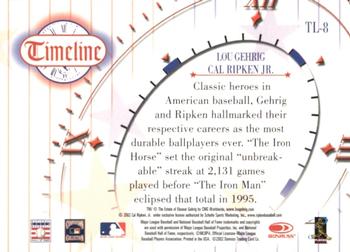 2002 Donruss Diamond Kings - Timeline #TL-8 Lou Gehrig / Cal Ripken Jr.  Back