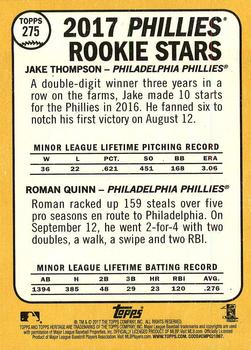 2017 Topps Heritage #275 Phillies 2017 Rookie Stars (Jake Thompson / Roman Quinn) Back