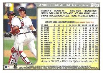 1999 Topps Opening Day #2 Andres Galarraga Back