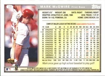 1999 Topps Opening Day #39 Mark McGwire Back