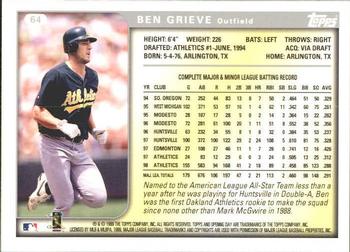 1999 Topps Opening Day #64 Ben Grieve Back