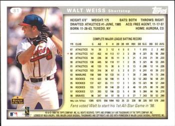 1999 Topps Opening Day #81 Walt Weiss Back