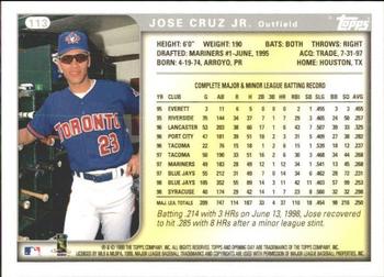 1999 Topps Opening Day #113 Jose Cruz Jr. Back