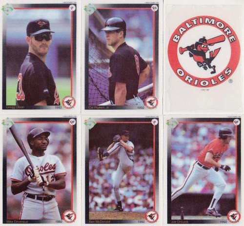 1992 High 5 Reusable Decals - Decal Panels #NNO Baltimore Orioles Team Panel (Mike Devereaux / Ben McDonald / Gregg Olson / Joe Orsulak / Cal Ripken Jr. / Baltimore Orioles Logo) Front