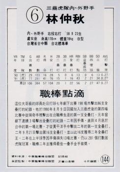 1991 Chiclets CPBL #144 Chung-Chiu Lin Back