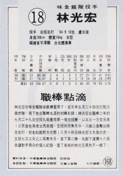 1991 Chiclets CPBL #168 Kuang-Hong Lin Back