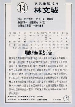 1991 Chiclets CPBL #173 Wen-Cheng Lin Back