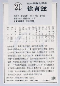 1991 Chiclets CPBL #178 Yu-Hsuan Hsu Back
