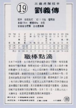 1991 Chiclets CPBL #180 Yi-Chuan Liu Back