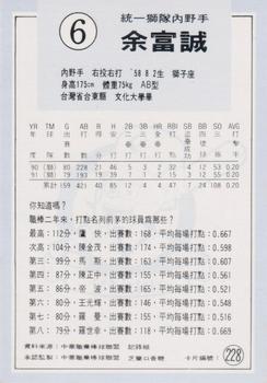 1991 Chiclets CPBL #228 Fu-Chen Yu Back