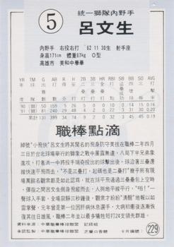 1991 Chiclets CPBL #229 Wen-Sheng Lu Back