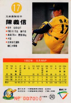 1992 Chiclets CPBL #243 Yi-Hsin Chen Back
