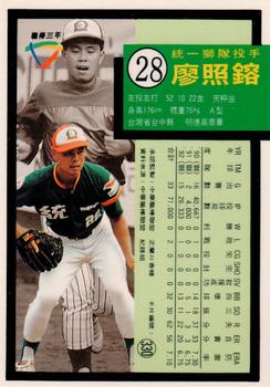 1992 Chiclets CPBL #330 Chao-Jung Liao Back