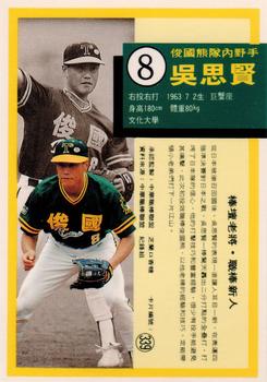 1992 Chiclets CPBL #339 Shi-Hsien Wu Back