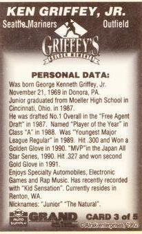 1992 Alrak Enterprises Grand Auto Supply Griffey's Golden Moments (unlicensed) #3 Ken Griffey, Jr. Back