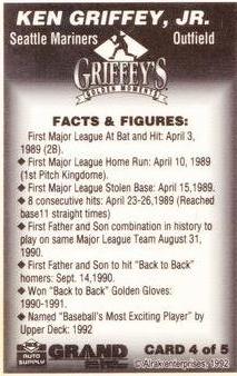 1992 Alrak Enterprises Grand Auto Supply Griffey's Golden Moments (unlicensed) #4 Ken Griffey, Jr. Back
