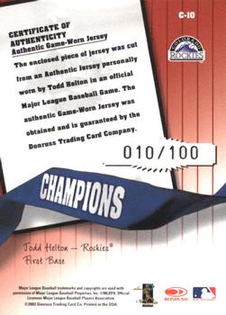 2002 Donruss Originals - Champions Materials #C-10 Todd Helton Back