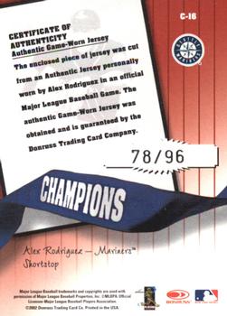 2002 Donruss Originals - Champions Materials #C-16 Alex Rodriguez Back