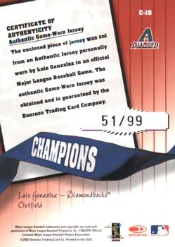 2002 Donruss Originals - Champions Materials #C-18 Luis Gonzalez Back