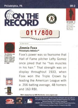 2002 Donruss Originals - On The Record #OR-2 Jimmie Foxx  Back